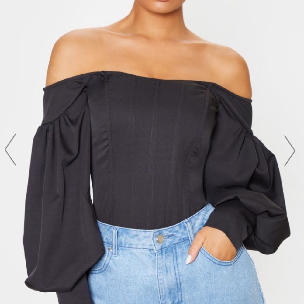 BLACK BARDOT BALLOON SLEEVE CORSET TOP
